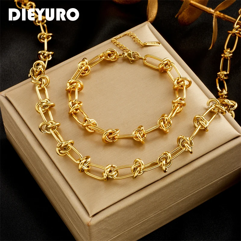 DIEYURO 316L Stainless Steel Twist Knot Necklace & Bracelet Set – Gold/Silver