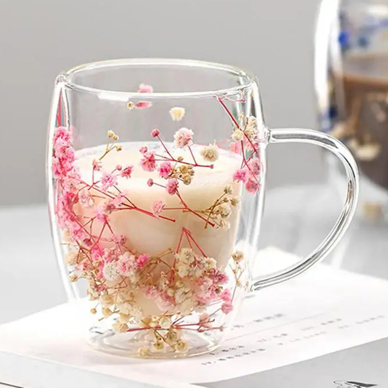350ml Dried Flower Cup Double Insulated Wall Glass Full Star Milk Coffee Mug with Handle Hot and Cold Tea Cups Beverages Cups
