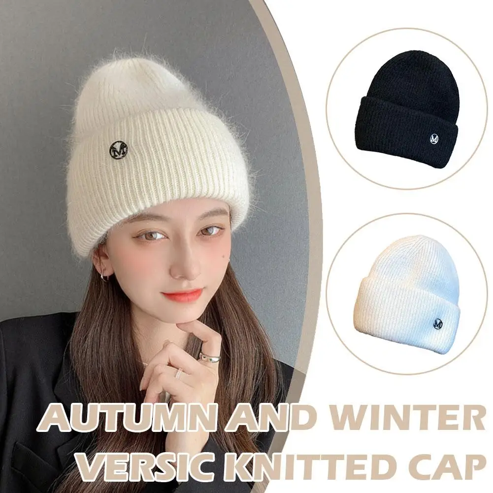 

Зимняя вязаная шапка для женщин, однотонная простая вязаная шапка из Ангорского меха кролика, утолщенный теплый плюшевый пуловер для дам с буквами M H V2O5