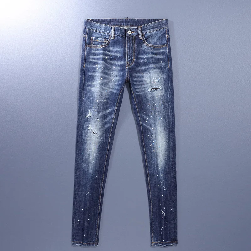 Street Fashion Men Jeans High Quality Retro Blue Elastic Stretch Skinny Ripped Jeans Men Painted Designer Hip Hop Brand Pants
