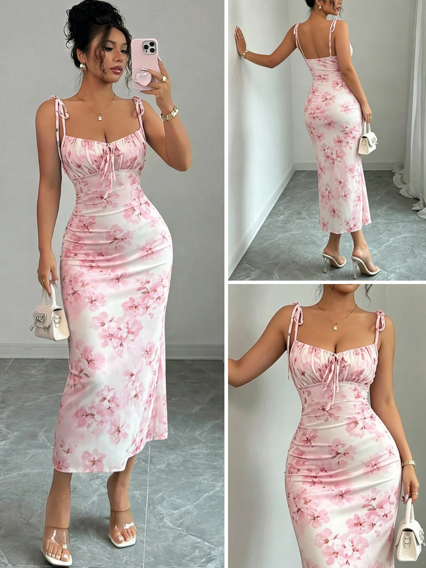 Jupe mi-longue fluide rose motif fleurs de cerisier, coupe sirène, avec bretelles réglables et buste froncé pour une taille cintrée, ajustement slim, moulante aux hanches