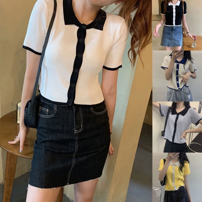 

Women Summer Ice Silk Ribbed Knitted Cropped Cardigan Short Sleeve Lapel V-Neck Button Down Sweater for Jacket Contrast Color