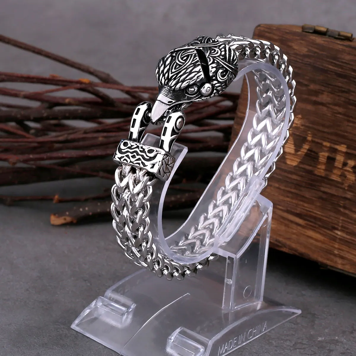 

Vintage Viking Crow Head Stainless Steel Bracelet Fashion Viking Animal Wristband Bracelet Punk Wind Rock Biker Boys Accessories