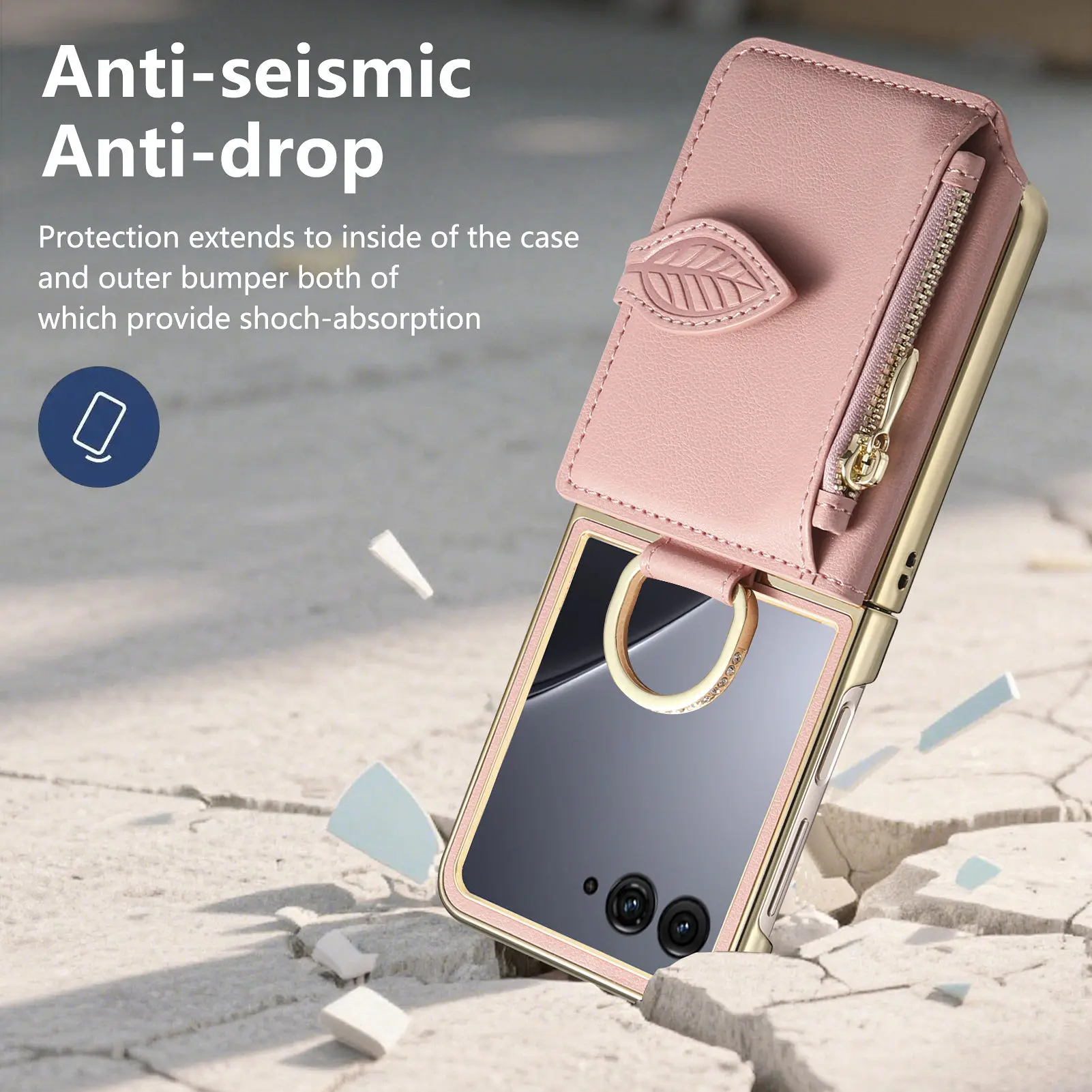 Luxury Zipper Leaf Magnetic Ring Holder Mirror Cards Solt Leather Phone case For Motorola Razr 60 50 Ultra Shockproof Cover