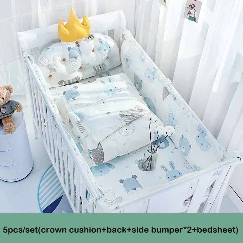 

5pcs Baby Crib Bumper Bed Linen Kit Cotton Baby Bedding Set Include Crown Cushion+3pcs Cot Protect bumpers+Bed Sheet ZT116