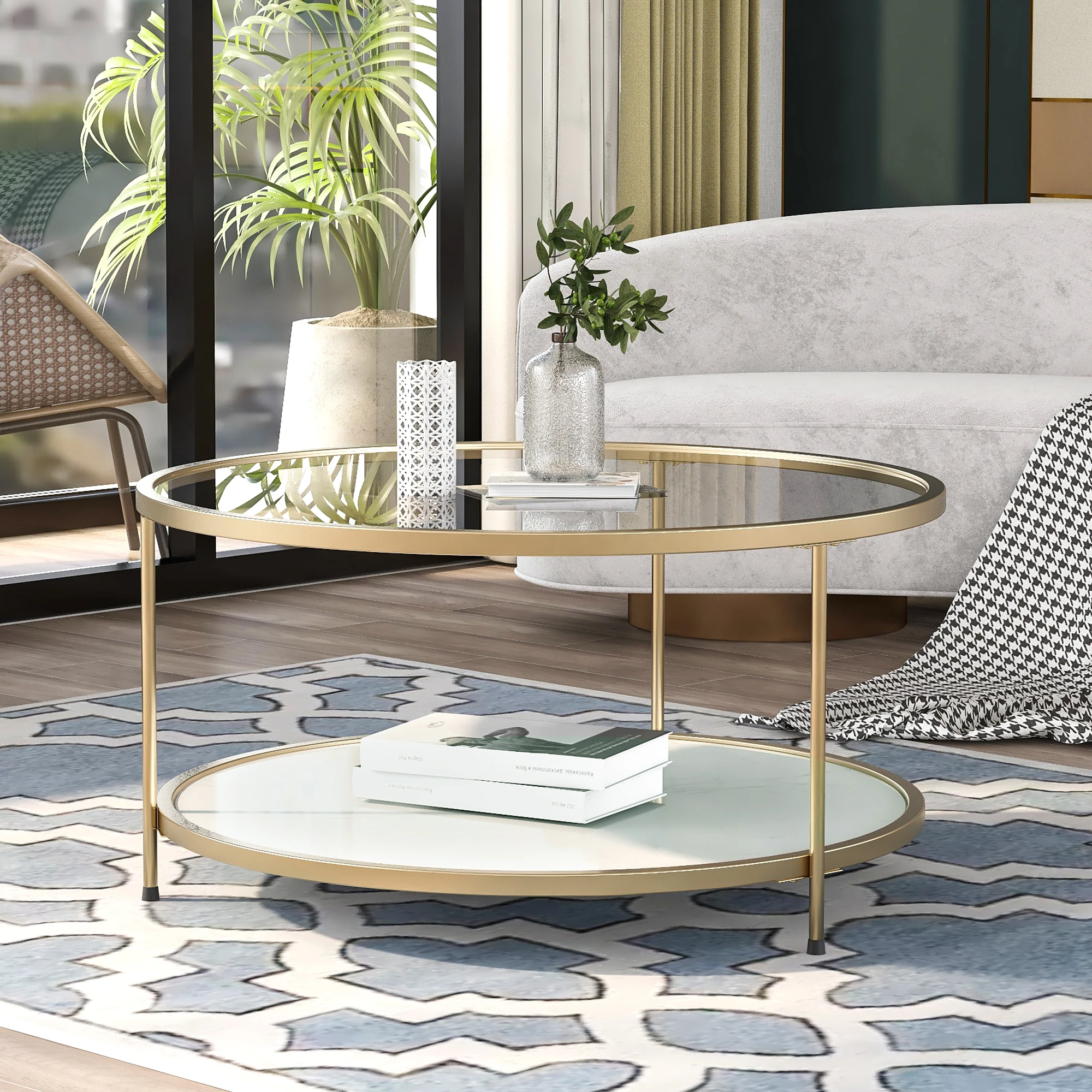 

Modern Design Living Room 2-Tier Coffee Table 33.5" Cocktail Table, Metal with Stained White Tempered Glass
