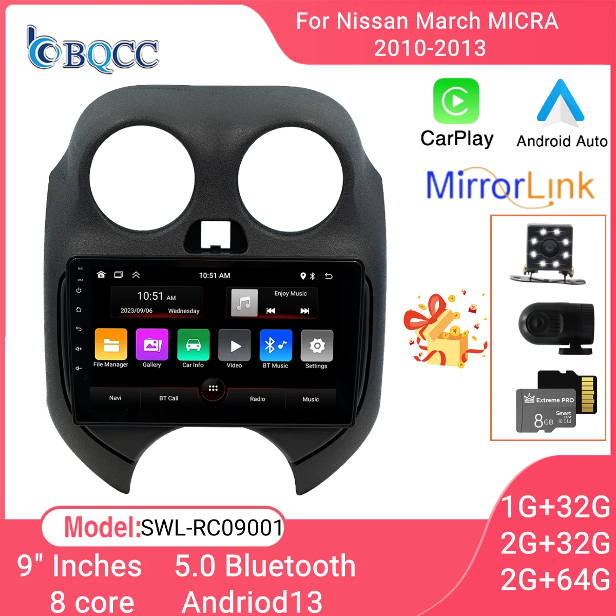 

BQCC Android13 9" 2din 4 core Car Multimedia Wireless Player GPS WiFi 4G Mirror Link Car Radio for Nissan March MICRA 2010-2013