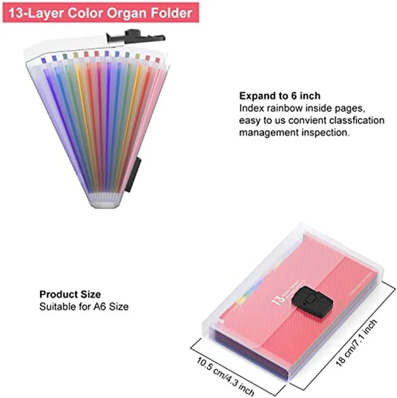 13 Pockets Mini File Folders Expandable Rainbow Multi-Layer Folder A6 Letter Size File Organizer for StorageInvoice/Cards/Coupon