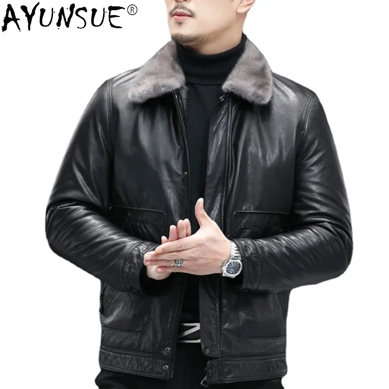 

AYUNSUE Winter Genuine Leather Jacket Men Cowhide Mink Collar Sheep Shearling Inner Fur Coat Warm Male Fur Jacket Chaquetas Lq