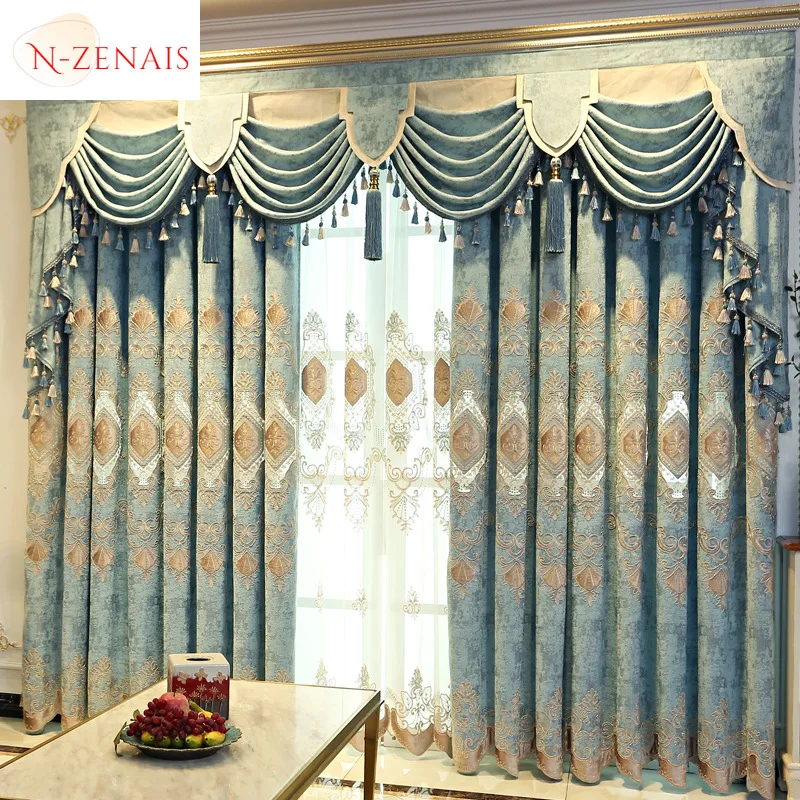 European Coffee Embroidered Luxury Curtains for Living Room Bedroom Blackout Dining Room Chenille Valance Elegant Tulle Thicken