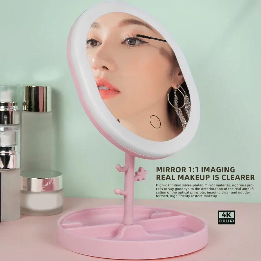 Makeup Mirror With LED Light Desktop Fill Light Desktop Folding Metal Beauty Dressing Mirror Home Dormitory Rechargeable