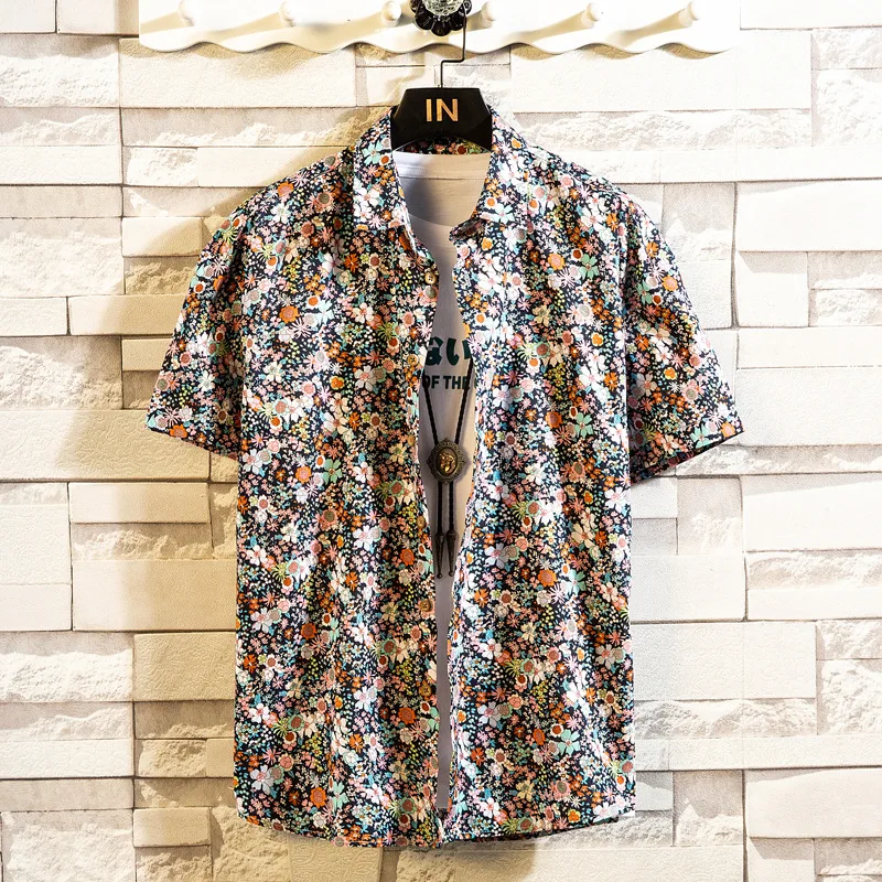 New Fashion Floral Print Shirt Men Summer Casual Short Sleeve Shirts Mens Korean Style  Tops Blouse Male M-5XL E35