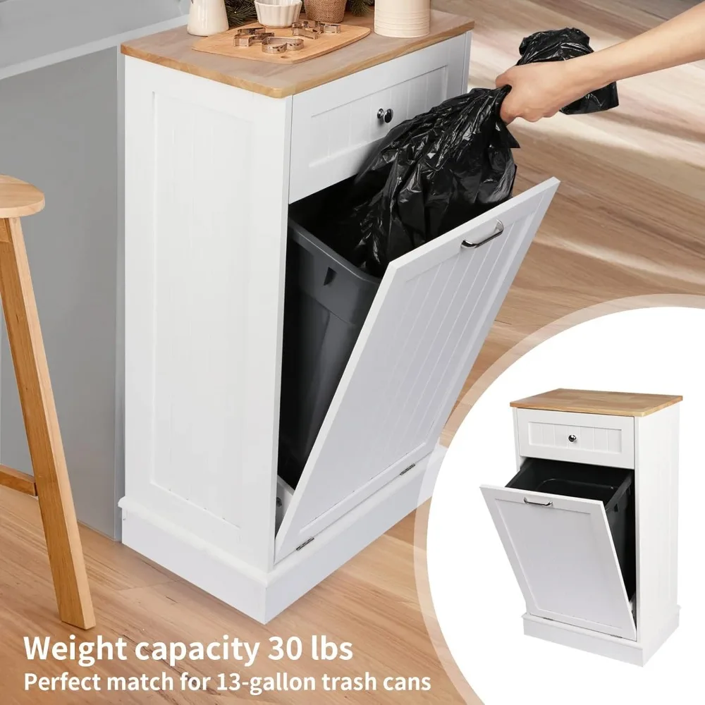 Tilt Out Trash Cabinet,Antique-Style Beadboard Kitchen Island with Solid Wood Tabletop & Drawer, Pet Proof Trash Can, Wood Laund