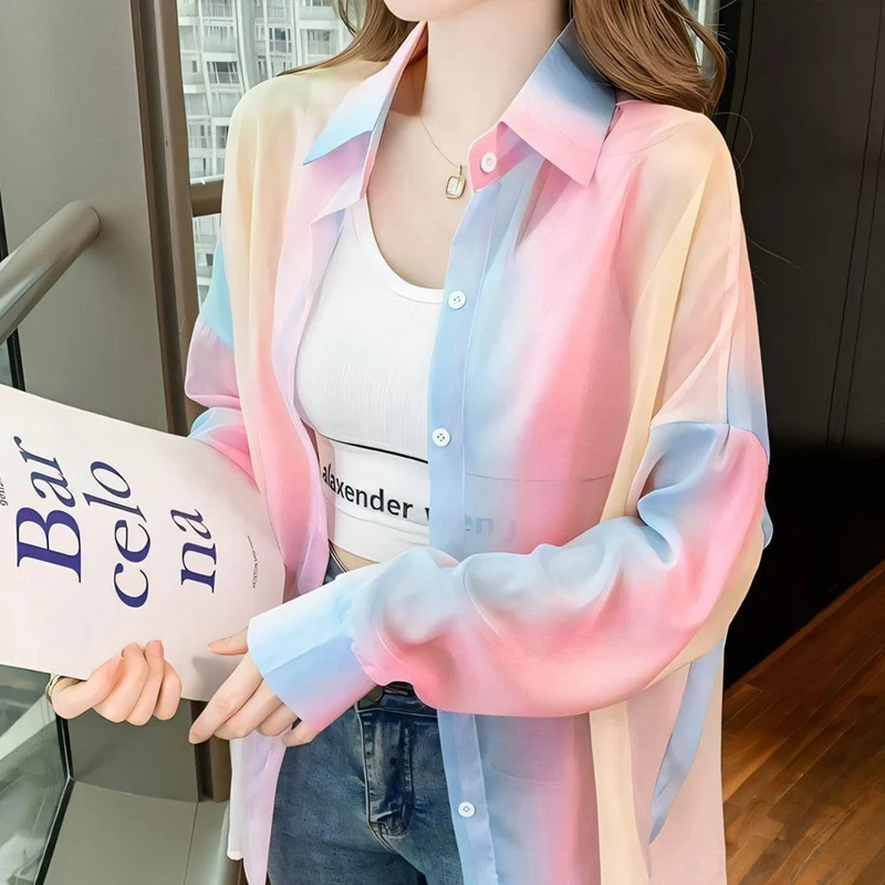 

Summer New POLO Collar High Street Long Sleeve Shirt Women High Street Casual Loose Gradient Cardigan Elegant Thin Style Tops