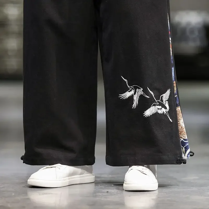 Casual Wide Leg Pants Chinese Traditional Tang Suit for Men Ethnic Style Cotton Linen Long Kung Fu Pants Tai Chi Plus Size 5XL