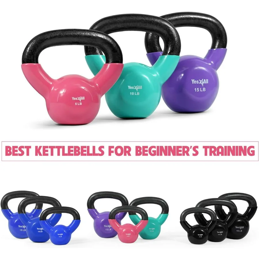 Kettlebell, Vinyl Coated Kettlebell Cast Iron Sets with Stable Flat Bottom for Full Body Workout, Push up, Grip Strength Trainin