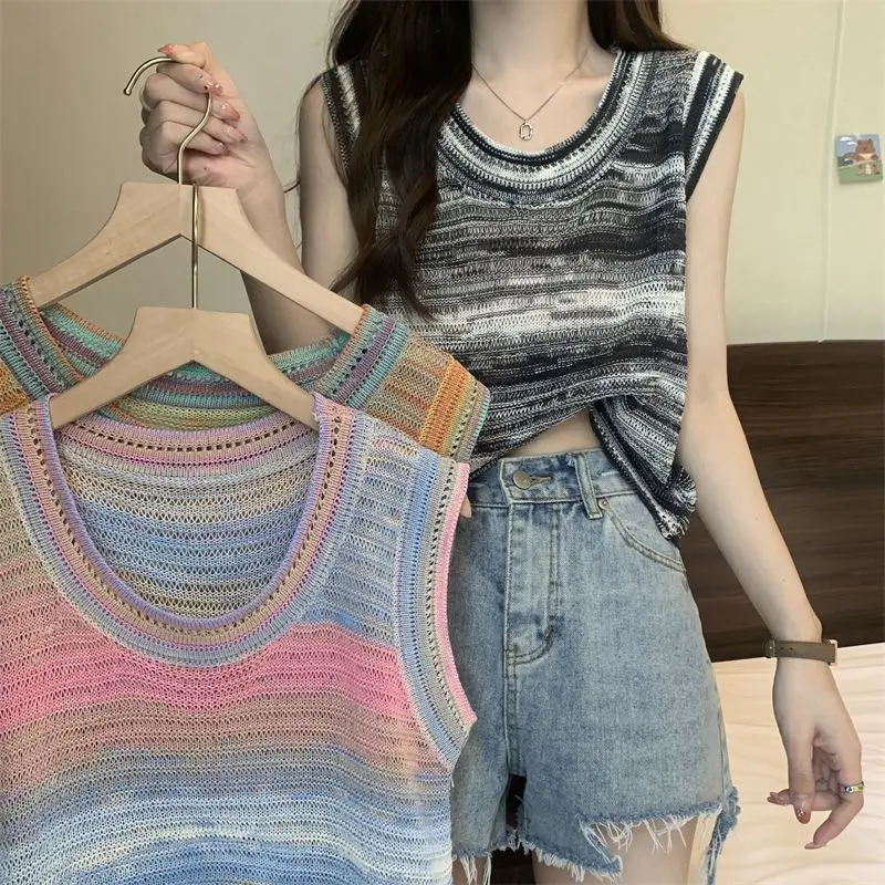 

2023 Summer Korean Edition Rainbow Stripe Round Neck Knitted Tank Top Vest Top Foreign Versatile Sleeveless Top