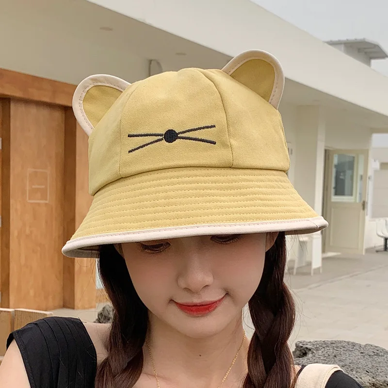 2023 New Cartoon Cat Ear Bucket Hat Panama Fishing Cap Cute Froggy Hat  Homme Femme Bob Chapeau Outdoor Sun Fisherman Hat