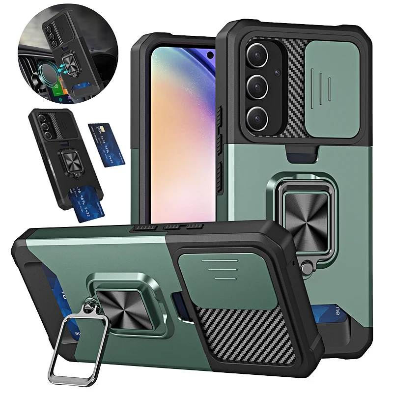 Sleek Armor Case with Slide Lens Protector and Card Holder Slot