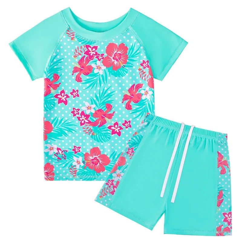 Girls Swimsuit 2PCS Fashion Swimming T-shirts Shorts Sets for Kids Girls Summer Cooling UV Protection Short Sleeves Top Shorts Set for Children