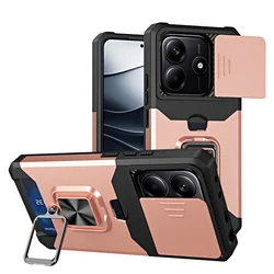Enhanced Card Slot Finger Ring Protective Case with Armor Bracket Holder for Redmi Note 13 (Rose Gold)