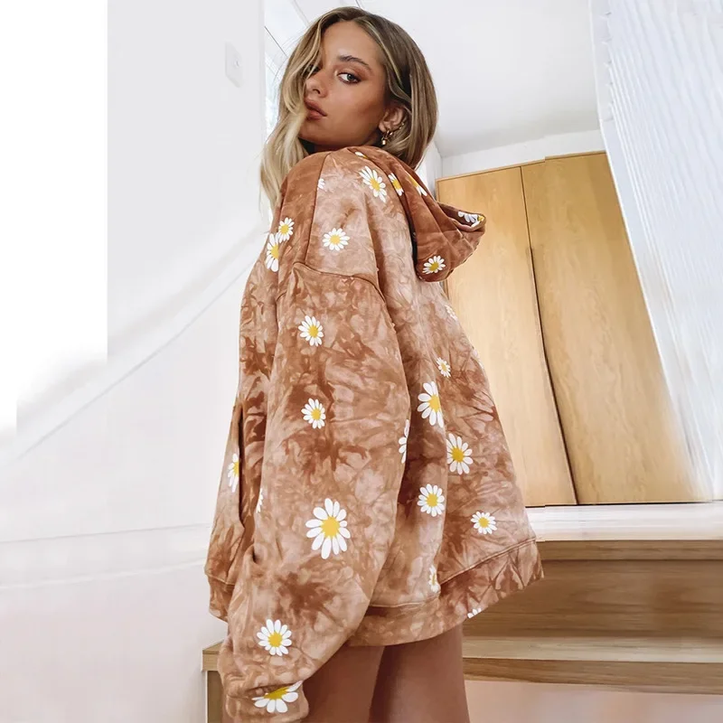Europe and The United States 2023 Autumn and Winter Women's Hooded Sweater Long-sleeved Pullover Tie-dye Little Daisy Jacket