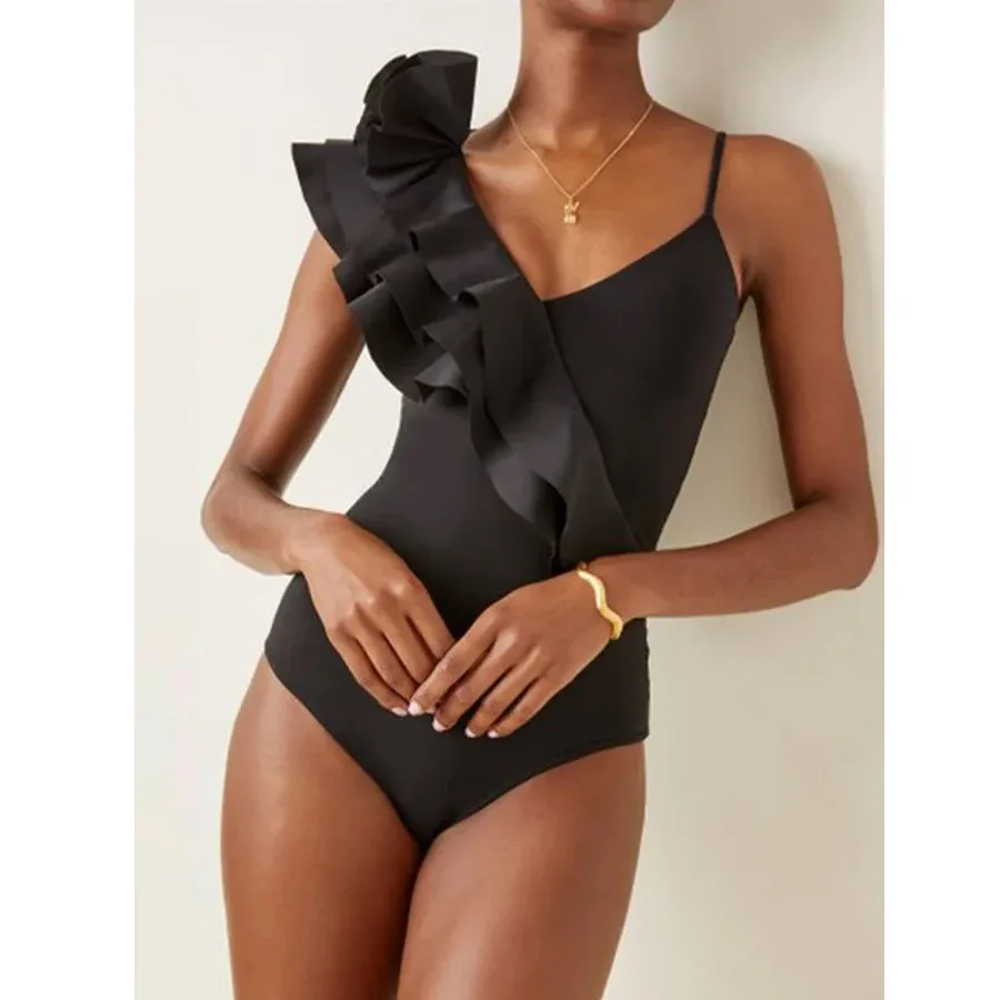 New Women V-Neck Cutout Bikini One-Piece Swimsuit Solid Color Waist-belted Ruffled Swimwear Beachwear Bathing Suits