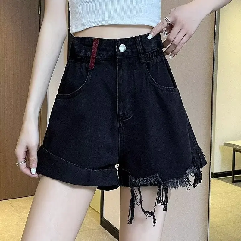 여성용 데님 반바지, 와이드 레그 데님 반바지, 블랙 블루, 하이 웨이스트, 세련된 세련된 패션, 루즈 캐주얼 반바지, 2024 여름