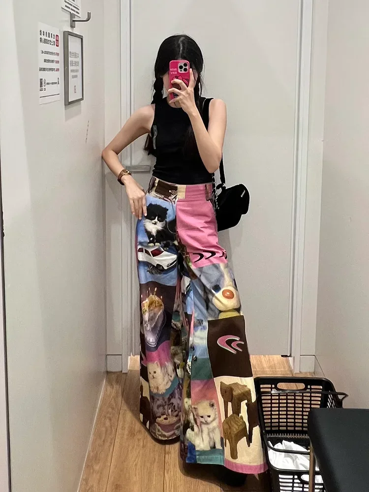 

Women Floor Long Full Pants Cartoon Cat Cake Baggy Loose Wide Straight Leg #punk harajuku goth grunge y2k e-girl fairycore 2000s