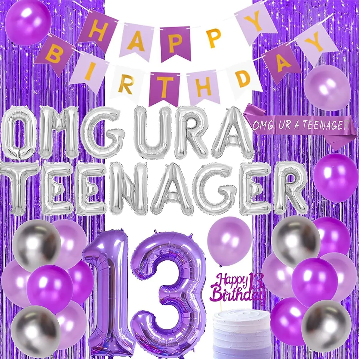 

13th Birthday Party Decorations for Girls Purple OMG UR A TEENAGER Balloons Sash Happy 13th Birthday Cake Topper Fringe Curtain