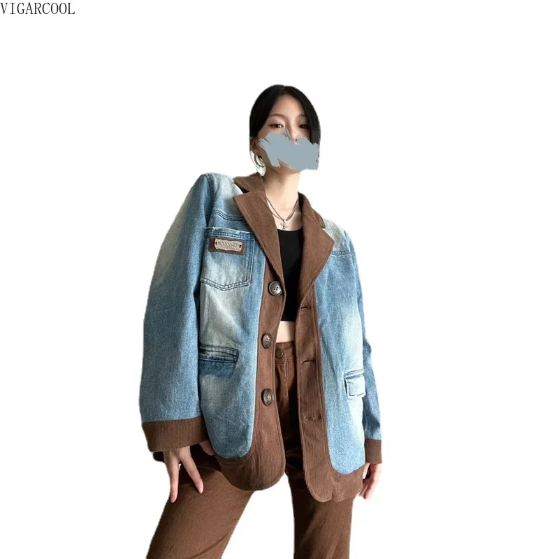 

American Retro Patchwork Suit Collar Denim Jacket 2023 Spring and Autumn with A Sense of Niche High-end Silhouette Top Trend