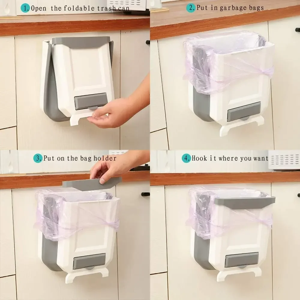 Trash Can 7L/10L Collapsible Wall Mounted Slim With Bag Container Plastic Hanging For Kitchen Bathroom