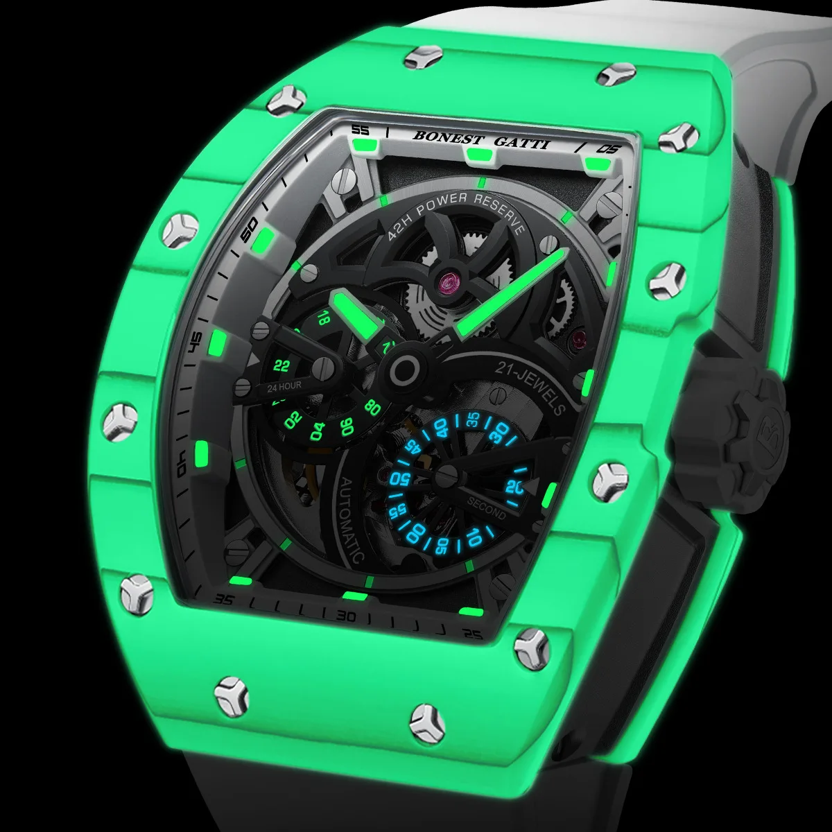 BONEST GATTI Men's New Carbon Fiber Series Double sided Hollow out Fully Automatic Waterproof Night Light Watch