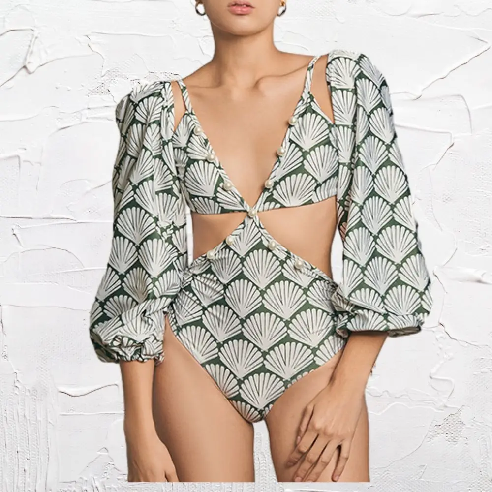 Printed Cut Detachable Sleeve One-Piece Swimsuit Designer Style Pearl Strap Bikini 2024 Women Fashion Single Swimwear Monokini