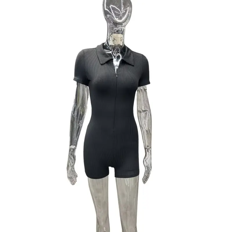 Polo Neck Jumpsuit Knitted Zipper Short Sleeved Casual Sports Tight Jumpsuit Shorts Rompers Womens Jumpsuit