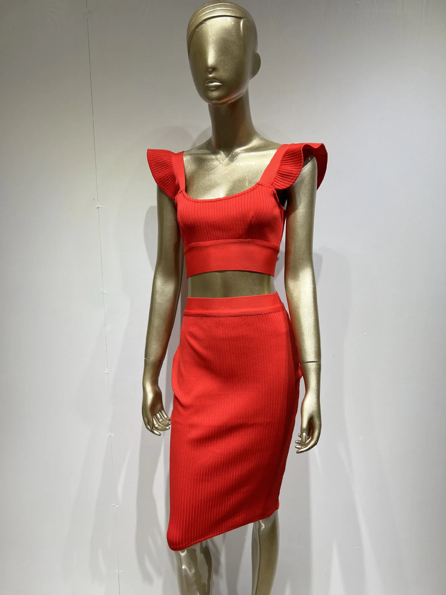 2023 Women Summer Sexy Sleeveless Ruffles Pink Red Mini Bandage Skirt Set Celebrity Designer Fashion Women's Set