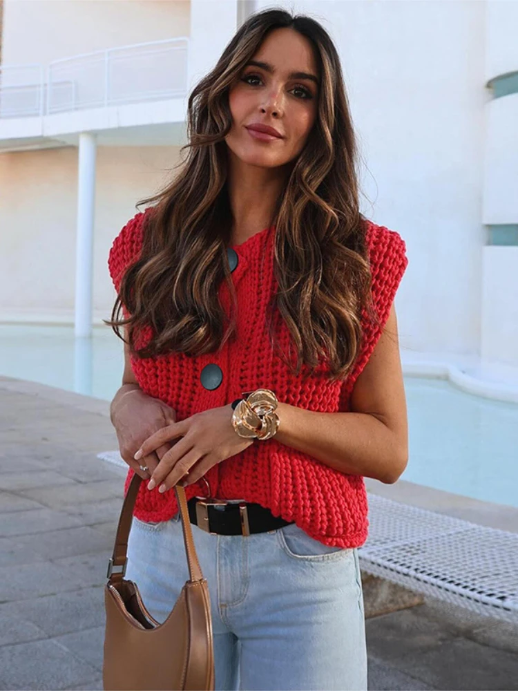 

Laxsesu Vintage Red Knitted Cardigan Women Round Neck Sleeveless Streetwear Sweaters with Pockets Spring Oversized Cardigan 2024