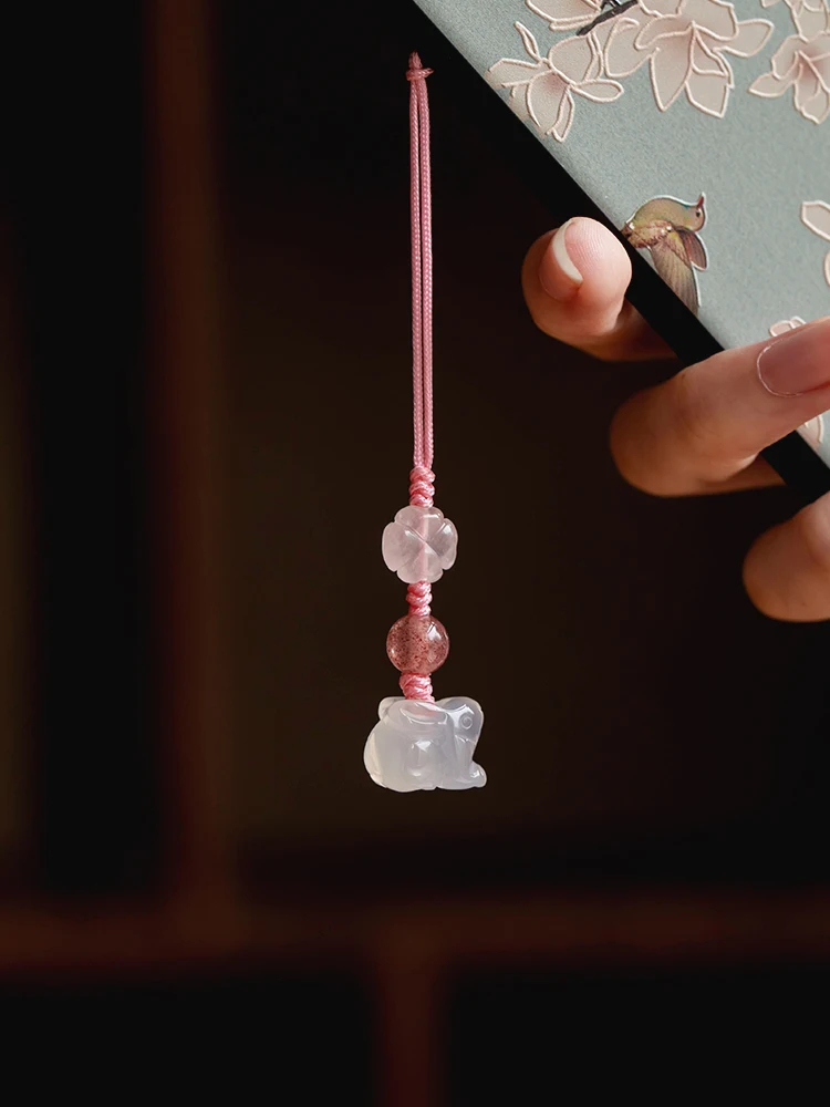 Natural Chalcedony Bunny Pendant Mini Jade Mobile Phone Charm Key Case Bag Charm
