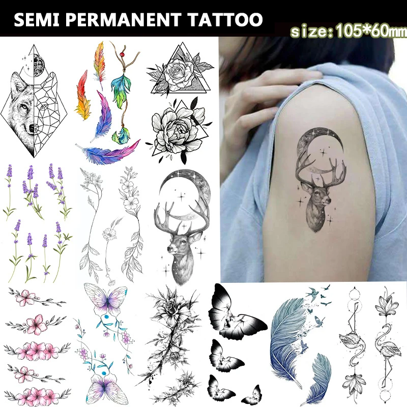 

Sketch Tattoo Stickers Waterproof Flower Butterfly Moon Fake Temporary Tattoo Words Semi Permanent Tattoo Women Adult Man