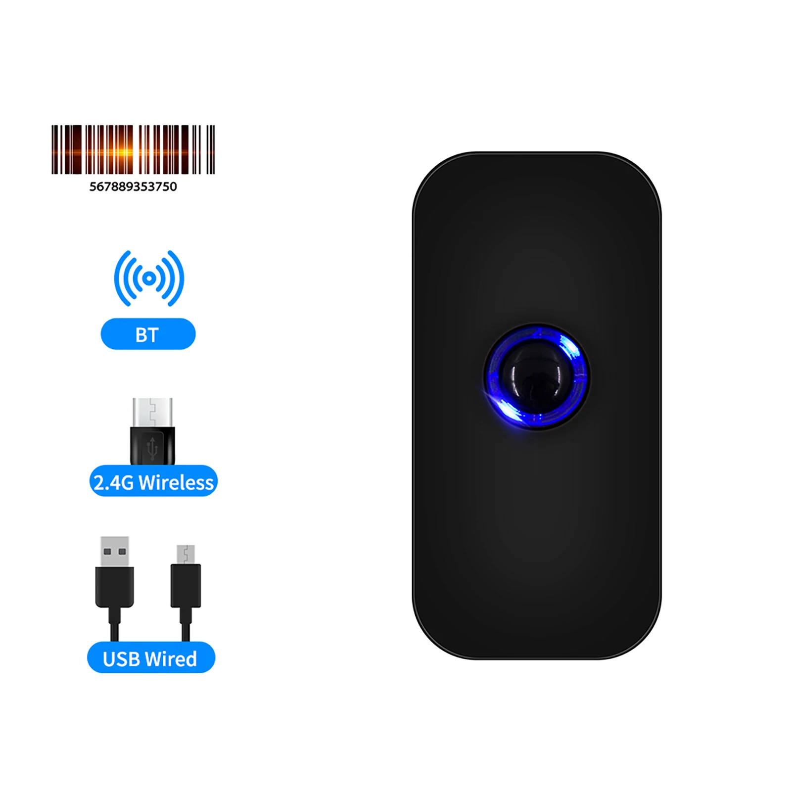 Handheld 3-in-1 Barcode Scanner 1D Bar Code Reader Support BT & 2.4G Wireless & USB Wired Connection Compatible with Windows