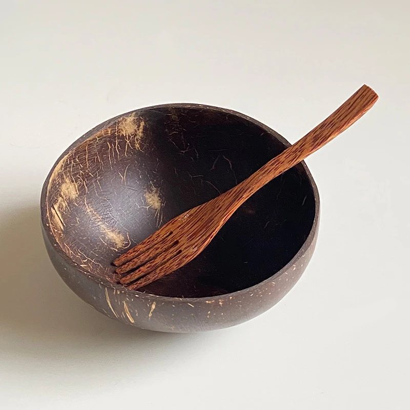 Natural Coconut Bowl Wooden Handmade Coconut Bowls for Eating Tableware Fork Spoon for Dessert Fruit Salad Mixing Rice tableware set wooden tableware