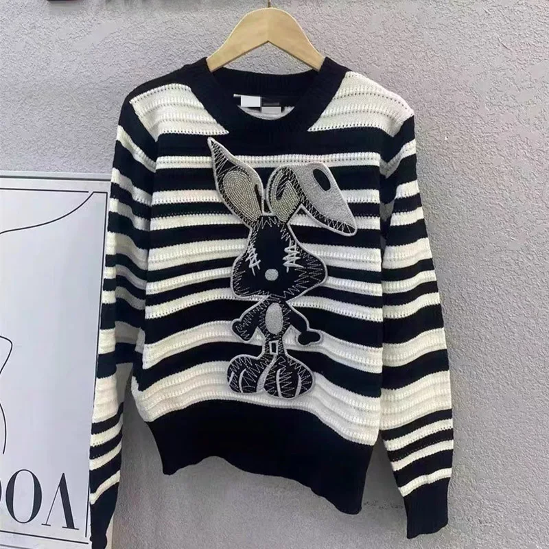 

Women Chic Cartoon Embroidery Y2k Loose Sweater Spring Casual Gothic Style Pullovers Female Knitted Top Fashion O-neck Knitwear
