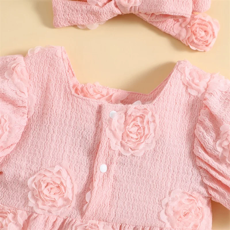 

Infant Baby Girls 3D Flower Short Sleeve Romper Summer Outfit Square Neck Bodysuits Top with Headband