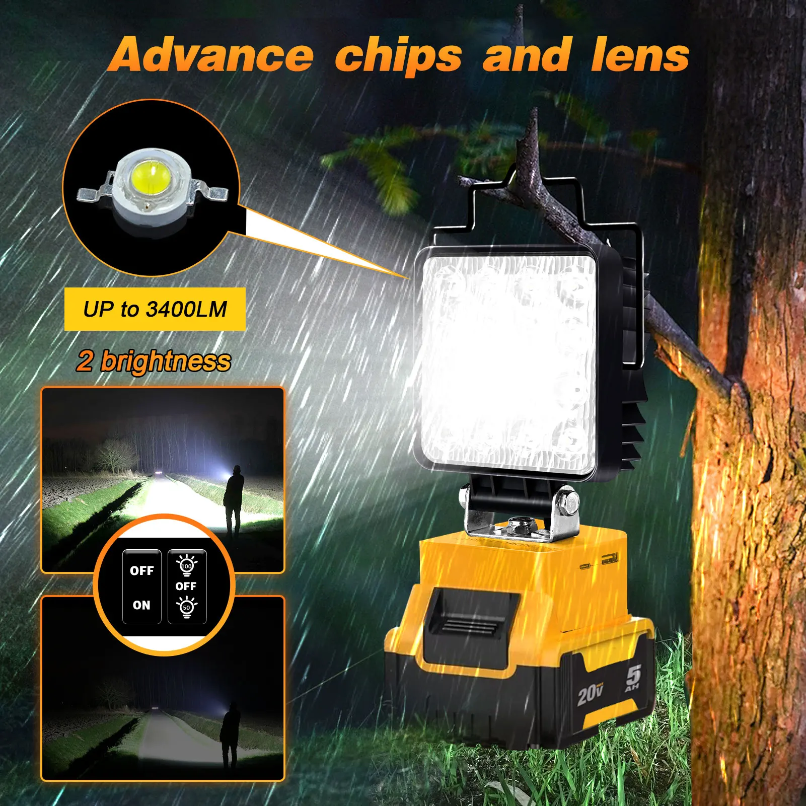 Portable 48W LED Work Light Cordless 360&deg; Adjustable Base Rechargeable for DeWalt No Battery