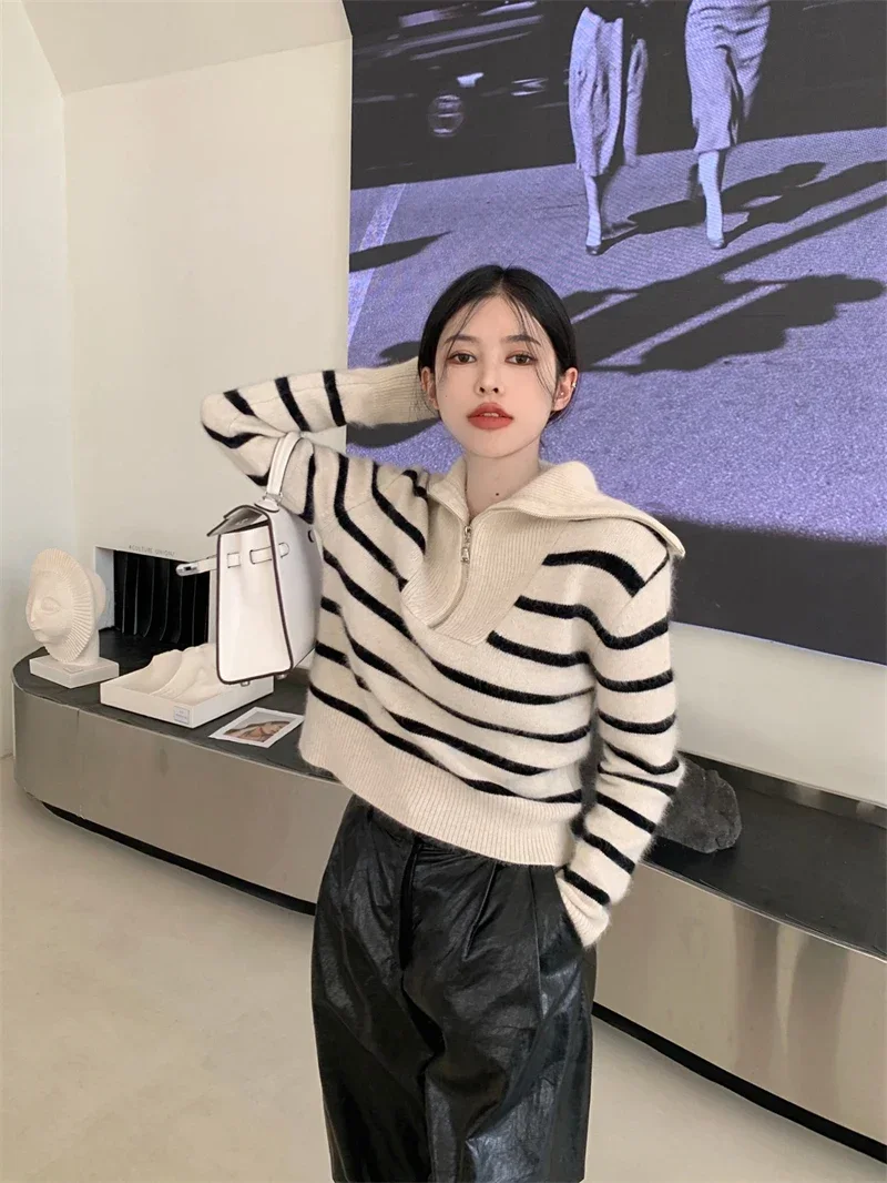 Women's Autumn Winter New Fashion Retro Lapel Half Zipper Contrasting Stripes Sweater Casual Long Sleeved Loose Knitted Coat
