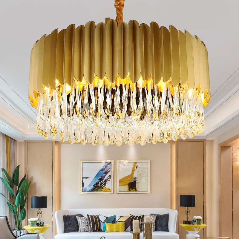 

post-modern stainless steel crystal chandelier LED round living room light luxury model room lamps.
