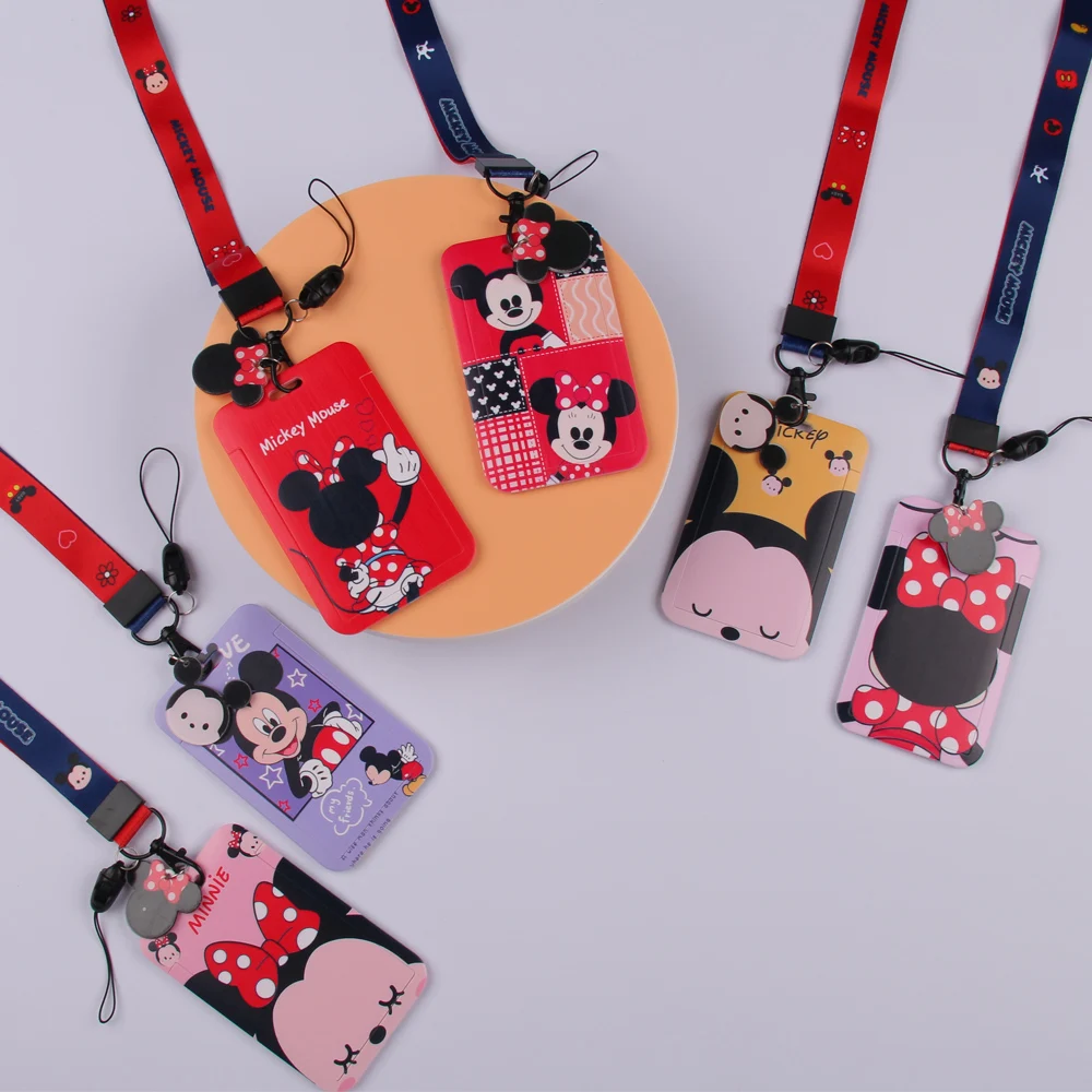 Anime Disney Mickey Mouse Modello Pvc Card Cover Studente Campus Card Toys Hanging Neck Card Holder Cordino Id Card Bag Cover Gift
