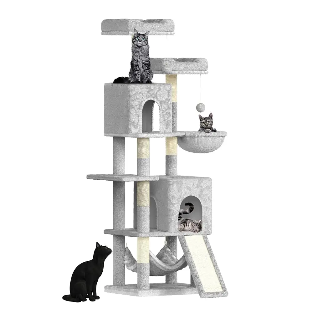 Dogat Katzenkratzbaum 158cm – Kletterturm mit 7 Kratzsäulen, 2 Häusern & 2 Hängematten, für Hauskatzen