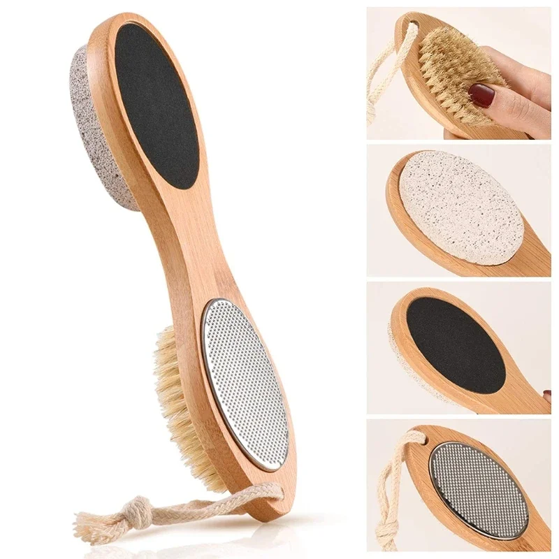 4 In 1 Multi-Use Foot File Brush with Wooden Handle Double Sided Callus Remover Dead Skin Crack Exfoliator Rasp Scrubber Pumice