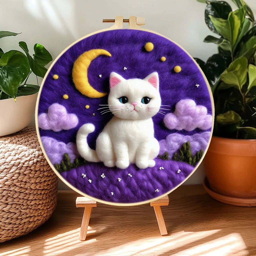 White Kitten Needle Felt Starter Kits For Adults Diy Wool Felting Painting Beginners Kit Embroidery Frame Wool Needlework Crafts